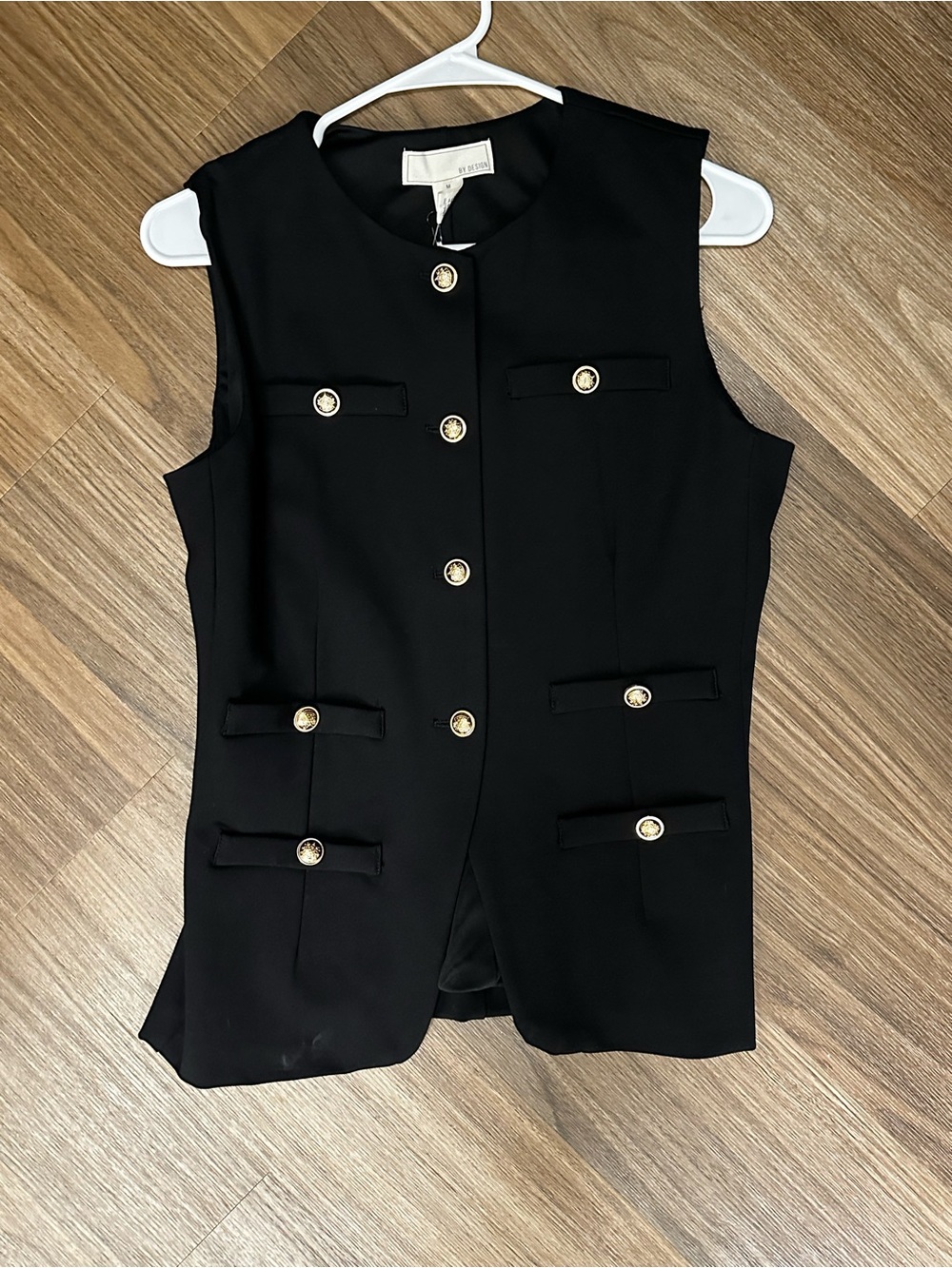 Sleeveless Black Button-Front Vest with Gold Buttons